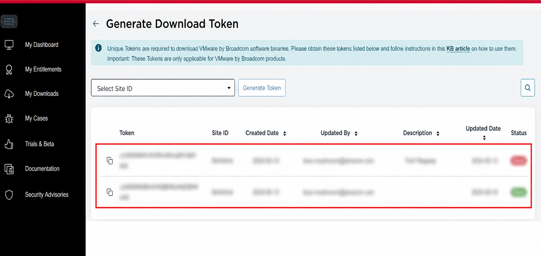 Broadcom portal Generate Download Token page with token values redacted