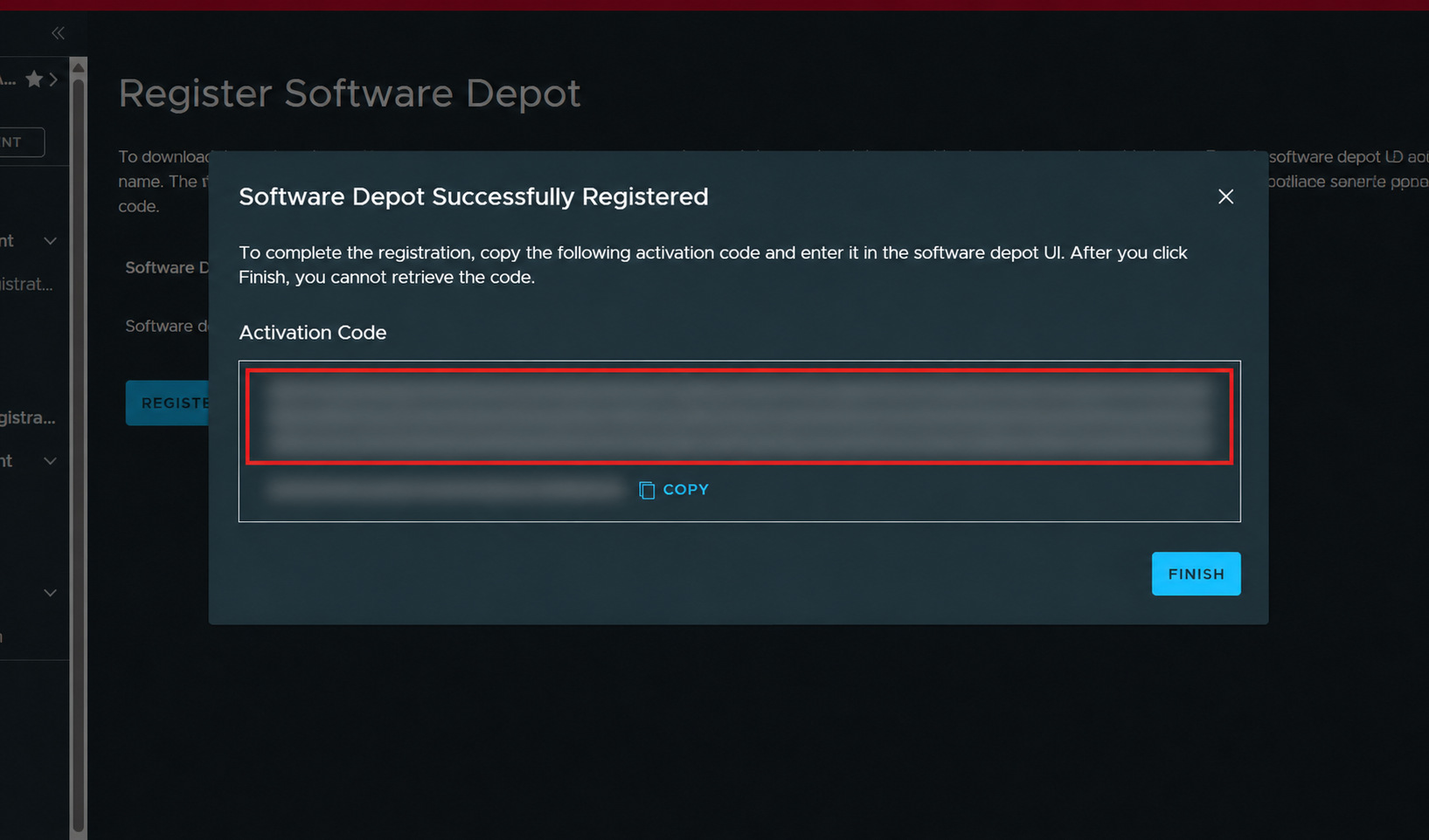 VCF portal Software Depot Successfully Registered dialog with activation code redacted