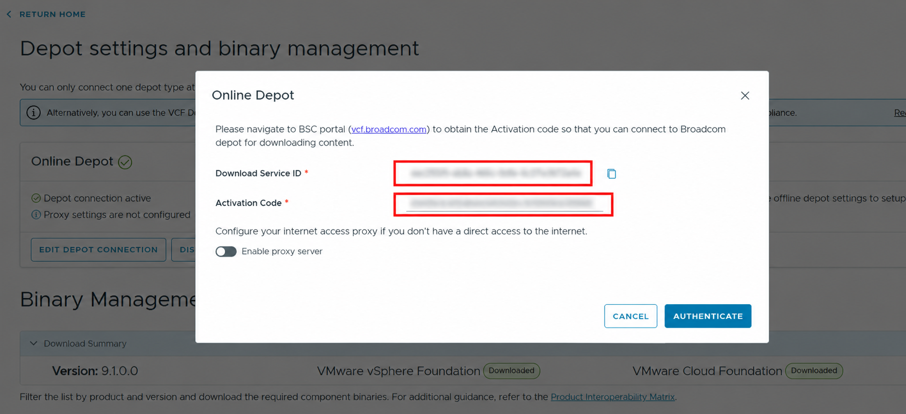 VCF 9.1 Online Depot dialog with Download Service ID and Activation Code fields redacted